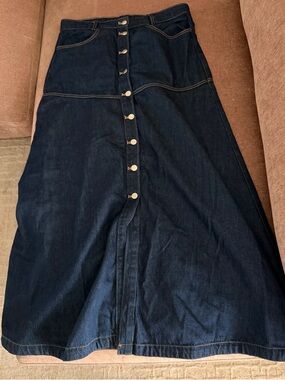 H&M Divided Denim Midi Skirt Dark Blue Button Front A-Line Modest Size 12